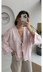 Püskül Detay Bağlamalı Kimono - Toz Pembe - Kod: 7012