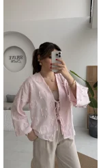Püskül Detay Bağlamalı Kimono - Toz Pembe - Kod: 7012