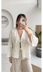 Püskül Detay Bağlamalı Kimono - Beyaz - Kod: 7012