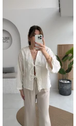 Püskül Detay Bağlamalı Kimono - Beyaz - Kod: 7012