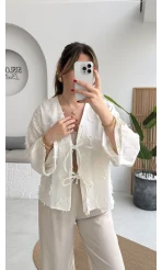 Püskül Detay Bağlamalı Kimono - Beyaz - Kod: 7012