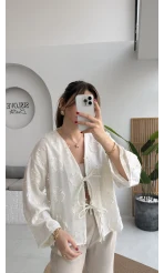 Püskül Detay Bağlamalı Kimono - Beyaz - Kod: 7012