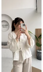 Püskül Detay Bağlamalı Kimono - Beyaz - Kod: 7012