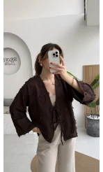 Püskül Detay Bağlamalı Kimono - Kahverengi - Kod: 7012