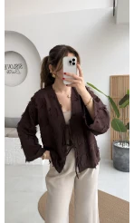 Püskül Detay Bağlamalı Kimono - Kahverengi - Kod: 7012