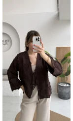 Püskül Detay Bağlamalı Kimono - Kahverengi - Kod: 7012