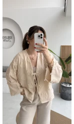 Püskül Detay Bağlamalı Kimono - Taş - Kod: 7012