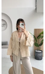 Püskül Detay Bağlamalı Kimono - Taş - Kod: 7012