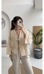 Püskül Detay Bağlamalı Kimono - Taş - Kod: 7012