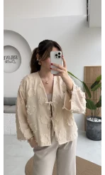 Püskül Detay Bağlamalı Kimono - Taş - Kod: 7012