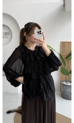Mium Fırfırlı Fular Bağlamalı Şifon Bluz - Gömlek - Siyah - Kod: 0943