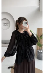 Mium Fırfırlı Fular Bağlamalı Şifon Bluz - Gömlek - Siyah - Kod: 0943