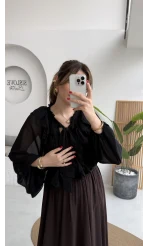 Mium Fırfırlı Fular Bağlamalı Şifon Bluz - Gömlek - Siyah - Kod: 0943