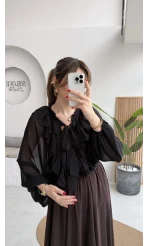 Mium Fırfırlı Fular Bağlamalı Şifon Bluz - Gömlek - Siyah - Kod: 0943