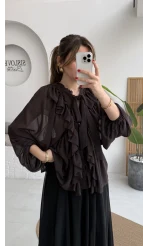 Mium Fırfırlı Fular Bağlamalı Şifon Bluz - Gömlek - Acı Kahve - Kod: 0943