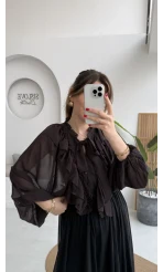 Mium Fırfırlı Fular Bağlamalı Şifon Bluz - Gömlek - Acı Kahve - Kod: 0943