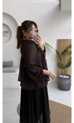 Mium Fırfırlı Fular Bağlamalı Şifon Bluz - Gömlek - Acı Kahve - Kod: 0943