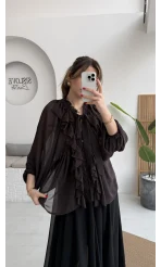 Mium Fırfırlı Fular Bağlamalı Şifon Bluz - Gömlek - Acı Kahve - Kod: 0943