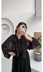 Mium Fırfırlı Fular Bağlamalı Şifon Bluz - Gömlek - Acı Kahve - Kod: 0943