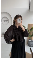 Mium Fırfırlı Fular Bağlamalı Şifon Bluz - Gömlek - Acı Kahve - Kod: 0943