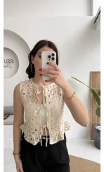 Dantelli Önden Bağlamalı Yelek - Ekru - Kod: 39161