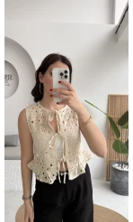 Dantelli Önden Bağlamalı Yelek - Ekru - Kod: 39161