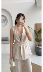 Modal Süet Kemerli Yelek - Taş - Kod: 8019