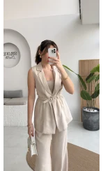 Modal Süet Kemerli Yelek - Taş - Kod: 8019