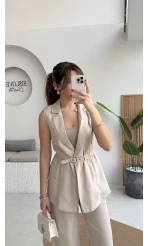 Modal Süet Kemerli Yelek - Taş - Kod: 8019