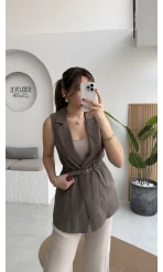 Modal Süet Kemerli Yelek - Haki - Kod: 8019