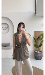 Modal Süet Kemerli Yelek - Haki - Kod: 8019