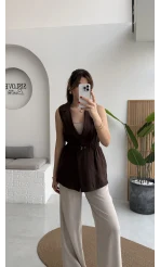 Modal Süet Kemerli Yelek - Kahverengi - Kod: 8019