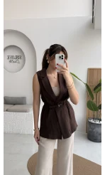 Modal Süet Kemerli Yelek - Kahverengi - Kod: 8019