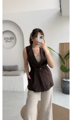 Modal Süet Kemerli Yelek - Kahverengi - Kod: 8019