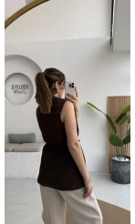 Modal Süet Kemerli Yelek - Kahverengi - Kod: 8019