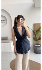 Modal Süet Kemerli Yelek - Lacivert - Kod: 8019