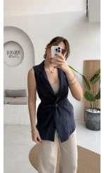 Modal Süet Kemerli Yelek - Lacivert - Kod: 8019