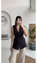 Modal Süet Kemerli Yelek - Mürdüm - Kod: 8019