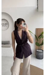 Modal Süet Kemerli Yelek - Mürdüm - Kod: 8019