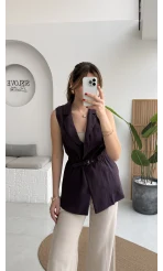 Modal Süet Kemerli Yelek - Mürdüm - Kod: 8019