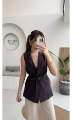 Modal Süet Kemerli Yelek - Mürdüm - Kod: 8019