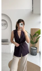 Modal Süet Kemerli Yelek - Mürdüm - Kod: 8019