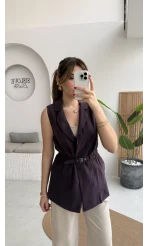 Modal Süet Kemerli Yelek - Mürdüm - Kod: 8019