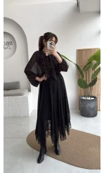 Arya Dantel Detay Asimetrik Kesim Şifon Etek - Siyah - Kod: 5050
