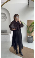 Arya Dantel Detay Asimetrik Kesim Şifon Etek - Siyah - Kod: 5050
