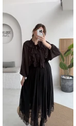 Arya Dantel Detay Asimetrik Kesim Şifon Etek - Siyah - Kod: 5050