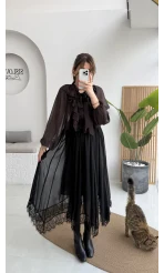 Arya Dantel Detay Asimetrik Kesim Şifon Etek - Siyah - Kod: 5050