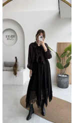 Arya Dantel Detay Asimetrik Kesim Şifon Etek - Siyah - Kod: 5050