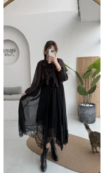 Arya Dantel Detay Asimetrik Kesim Şifon Etek - Siyah - Kod: 5050