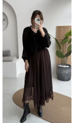 Arya Dantel Detay Asimetrik Kesim Şifon Etek - Kahverengi - Kod: 5050